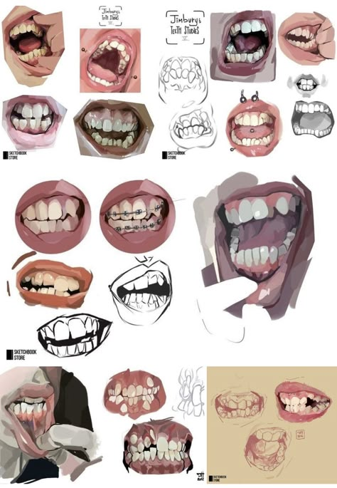 Mouth From Side Drawing, Face Gore Art, Goofy Expressions Drawing, Human Teeth Reference, Vamp Teeth Drawing, Jagged Teeth Drawing, Head Proportions Anatomy, Metal Jaw Character, Crooked Teeth Reference