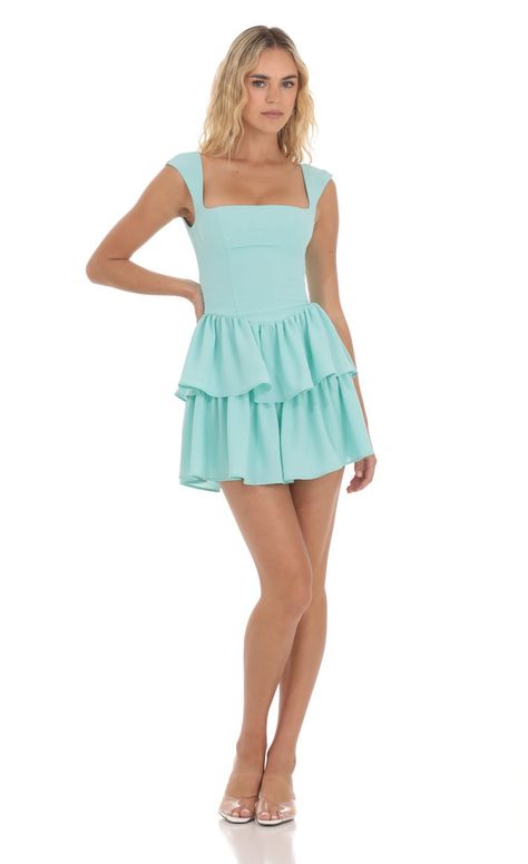 Wide Strap Ruffle Dress in Mint Blue | LUCY IN THE SKY Tiffany Blue Hoco Dress, Mint Blue Outfit, Membership Ideas, 22nd Bday, Hoco 2024, Hoco Inspo, Bday Dinner, Rush Week, Upf Clothing