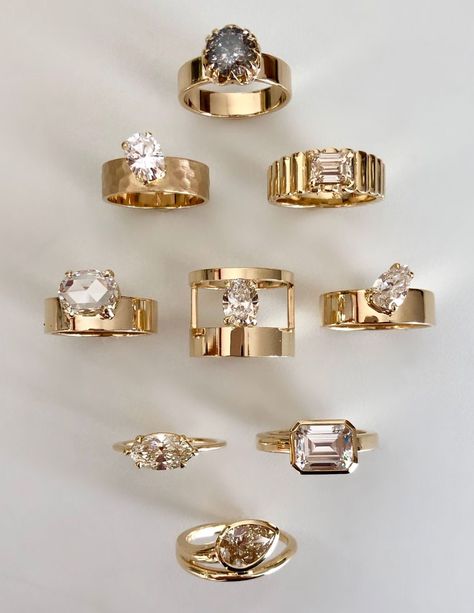 Bold Wedding Ring Sets, Flat Diamond Rings Engagement, Wedding Bands And Engagement Rings Set, Modern Round Diamond Ring, Engagement Rings With Wide Bands, Gold Wide Band Engagement Ring, Monolith Engagement Ring, Thick Engagement Rings Silver, Iconic Wedding Rings