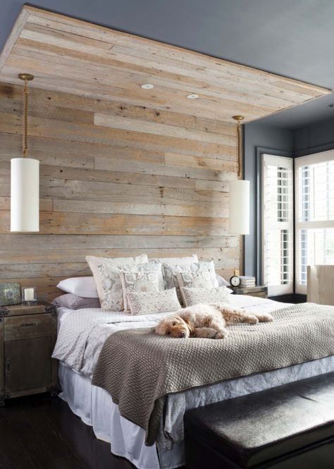 contemporary-bedroom Wood Paneled Walls, Bed Decorating Ideas, Wall Behind Bed, Modern Farmhouse Style Bedroom, Paneled Walls, Farmhouse Style Bedrooms, Decor Ikea, Couple Bedroom, Wood Bedroom