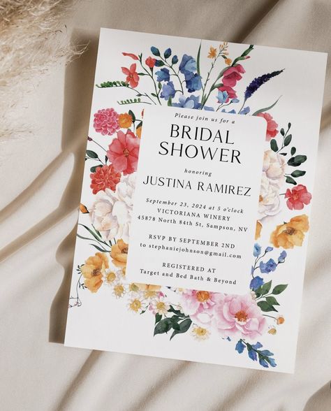 Bridal Shower Ideas Bright Colors, Modern Bright Wedding, Wildflower Invitations, Flower Invitations, Wildflower Wedding Theme, Theme Carnaval, Colorful Wedding Invitations, Bridal Shower Inspo, Flower Wedding Invitation