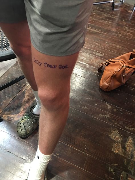 Tattoos Above Knee Men, Quad Tattoo For Men Words, Mens Tattoos Ideas Thigh, Leg Tattoo Men Above Knee, Quad Tatoos Men, Knee Tattoo Men Words, Thigh Tats Men Simple, Small Quad Tattoos For Men, Men Quad Tattoo