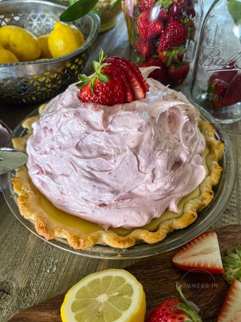 Lemon Cream Pie with Strawberry Meringue Strawberry Meringue Pie, Lemon Cream Pie, Cream Pie Filling, Strawberry Meringue, Lemon Cream Pies, Meringue Pie Recipes, Pie Tops, Strawberry Lemon, Freeze Dried Strawberries