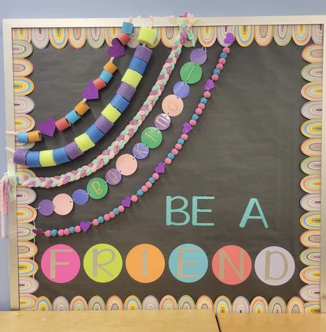 Classroom Welcome Bulletin Boards, Elementary Classroom Bulletin Boards, Counseling Bulletin Boards Elementary, Colorful Year Bulletin Board, Giant Friendship Bracelet Bulletin Board, Friendship Bracelet Bulletin Board, Small Bulletin Board Ideas, Pre K Bulletin Board Ideas, Bulliten Boards Ideas Aesthetic