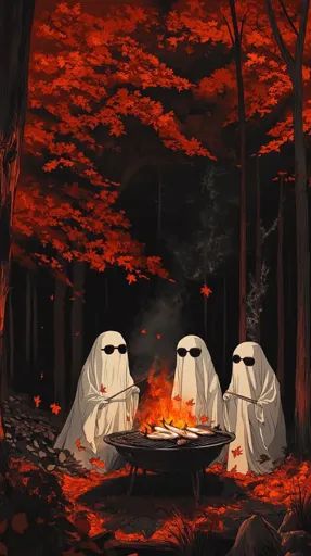 ↑↑↑ Larger size on website 🔸 Three ghosts wearing sunglasses stand around a campfire in a dark forest.  The ground is covered in Red Autumn Leaves, Cook Fish, Sunglasses Stand, Cooking Fish, Red Autumn, Wearing Sunglasses, Dark Forest, Campfire, Autumn Leaves