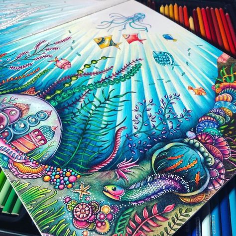 Cassie Levenson na Instagramie: „Finished one side ! I absolutely love the way this turned out.. Can’t wait to see how the other side brings it all together ! 🐠💙 Inspired…” Animorphia Coloring Book, Johanna Basford Lost Ocean, Animorphia Coloring, Lost Ocean Coloring Book, Colored Pencil Art Projects, Enchanted Forest Coloring Book, Joanna Basford Coloring, Enchanted Forest Coloring, Lost Ocean