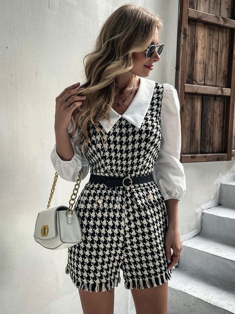 Pattern Puff Sleeve, Tweed Romper, Houndstooth Shirt, Plaid Pattern, Fashion Online Shop, Three Quarter, All Fashion, Fashion Inspo Outfits, Jumpsuits For Women