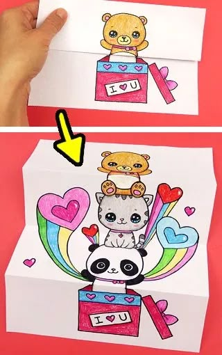 Folding Surprise Drawing, Cute And Fun Crafts, Folding Surprise, Surprise Card, Draw So Cute, Free Gift Cards Online, Calendar Craft, 수채화 그림, Card Drawing