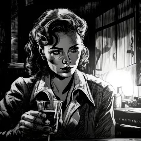 rough-hare302: Movie scene, film noir, female private detective having a drink in a dark bar, high detail, detailed facial features Noir Female Detective, 1940s Noir Aesthetic, 1920s Female Detective, Noir Aesthetic Detective, 1930s Detective Aesthetic, 1940s Detective Aesthetic, Private Detective Aesthetic, 1940s Character Design, Female Detective Aesthetic