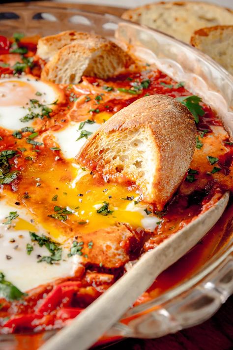 Microwave Shakshuka Recipe Shakshuka Recipe, Shakshuka Recipes, Red Bell Peppers, Simply Recipes, Vegetarian Paleo, How To Cook Eggs, Deep Dish, Bell Peppers, Serving Food