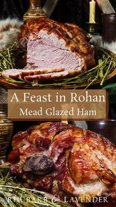 A slow roasted ham baked in hay for a sweet grassy aroma and brushed with a mead glaze that becomes sticky and caramelized. This recipe is inspired by the Kingdom of Rohan from JRR Tolkien's The Lord of the Rings, and is the perfect succulent entrée for an autumn feast or a LOTR themed party. Medieval Christmas Food, Lord Of The Rings Meals, Lord Of The Rings Feast, Lord Of The Rings Recipes Food, Hobbit Food Ideas, Lord Of The Rings Inspired Food, Lotr Food Ideas, Hobbit Food Recipes, Lotr Feast