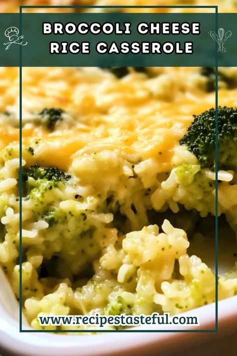 This comforting Broccoli Cheese Rice Casserole combines tender broccoli, creamy cheese, and fluffy rice for a delicious and easy side dish perfect for family gatherings or weeknight dinners. Green Rice Casserole, Cheese Rice Casserole, Broccoli Cheese Rice Casserole, Broccoli Cheese Rice, Holiday Dinner Recipes, Broccoli Recipes Casserole, Cheese Rice, Fluffy Rice, Rice Casserole Recipes