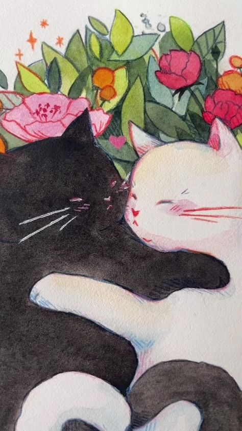 Cats in love ❤️ #sillycats #catsinlove #catart #petart #watercolorpainting #illustration #animalart #cuddlycats #cute #catbaby #catsforserotonin Cat Couple Painting, Romantic Cats, Tokyo Neon, Cats In Love, Illustration Cat, Soft Cat, Watercolor Cat, Arte Inspo, White Cats