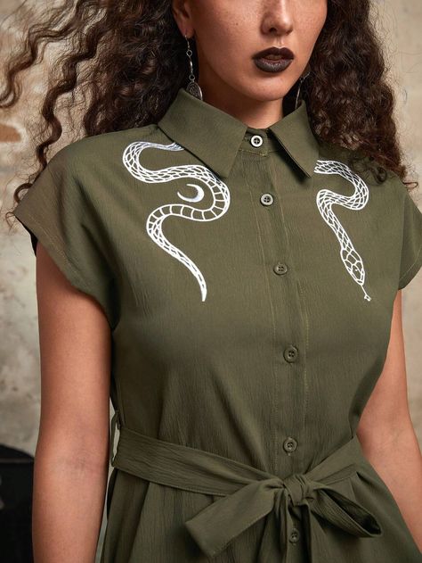 Goth Snake Embroidery Belted Shirt Dress Eras Tour Dress, Lapel Embroidery, Pure Dress, Illustration Clothes, Snake Embroidery, Snake Shirt, Snake Dress, Embroidery Belt, Fashionably Late