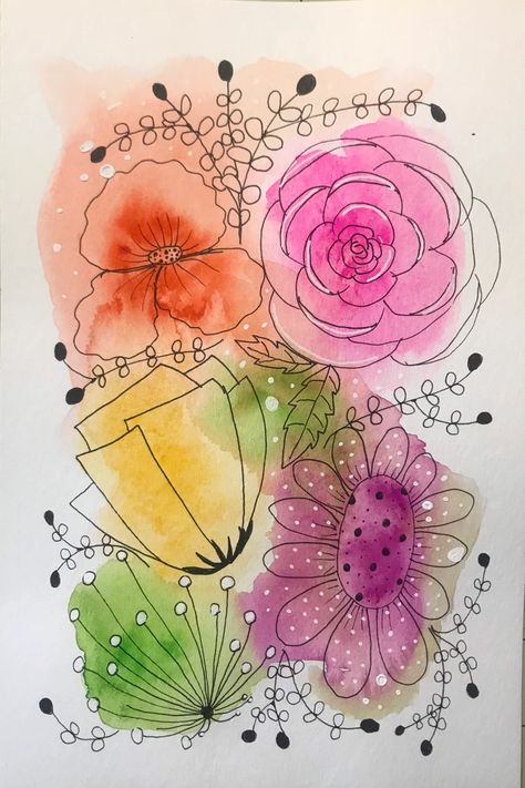 Spring Watercolour Ideas, Watercolor Spring Cards, Watercolor With Pen Outline, Pen And Watercolor Flowers, Watercolor Doodles Flowers, Watercolor Flowers With Pen Outline, Watercolour Spring Flowers, Watercolor Doodles Easy, Whimsical Flowers Doodles