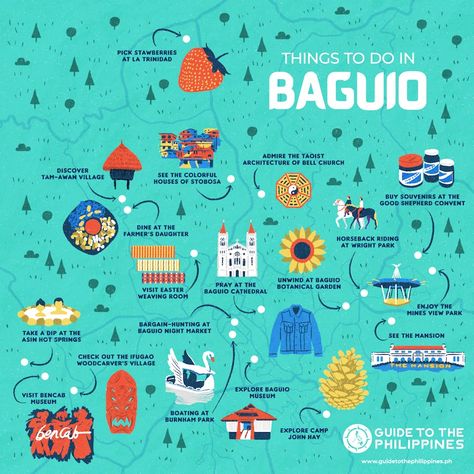 Guide to the Philippines' top things to do in Baguio City map Camp John Hay, Baguio Philippines, Travel Brochure Design, Philippine Map, Philippines Travel Guide, Travel Philippines, Philippines Culture, Baguio City, Tourist Map