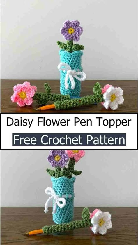 Crochet Pen Amigurumi Crochet Pen Cozy Free Pattern, Crochet Office Desk Decor, Crochet Pen Holder Pattern Free, Pen Holder Crochet, Crochet Pen Holder, Baby Dress Diy, Crochet Hair Clips, Valentines Crochet, Crochet Things