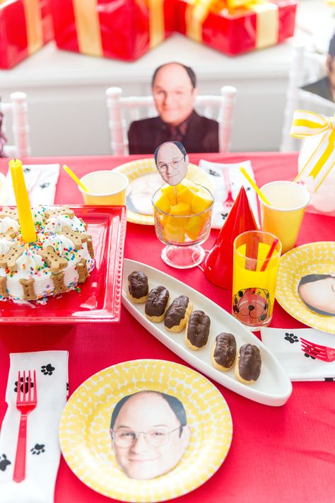 THIS IS AMAZING // Check out this George Costanza party we threw for our Dog "George" who turned 3 years old! Complete with Seinfeld-foods, decorations, etc! Seinfeld Party Food, Seinfeld Themed Party, Seinfeld Themed Birthday Party, Seinfeld Party Decorations, Seinfeld Party Ideas, Seinfeld Birthday Party, Seinfeld Party, Seinfeld Birthday, Festivus Party