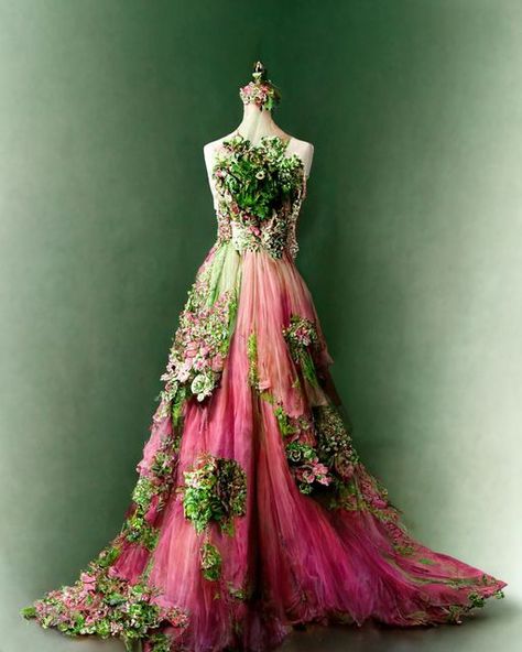 Green Fantasy Dress, Fairy Ball Gown, Fairy Ball, Pink And Green Dress, Beautiful Long Dresses, Fairytale Fashion, Green Fairy, Fantasy Dresses, Fantasy Gowns