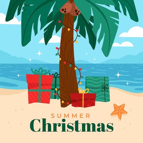 Free vector hand drawn flat summer chris... | Free Vector #Freepik #freevector #summer-christmas #tropical-christmas #christmas #christmas-flat Tropical Christmas Wallpaper, Beach Christmas Drawing, Tropical Christmas Illustration, Christmas In July Illustrations, Summer Vector Illustrations, Summer Christmas, Summer Flats, Vector Hand, Christmas Illustration