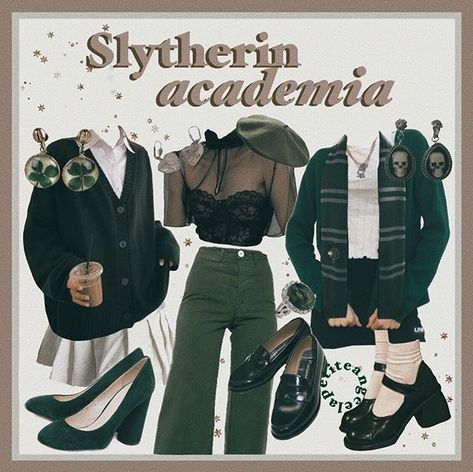 grace on Instagram: “Okeeee so here we goooo!! As requested, Slytherin Academia! More will come soon (hopefully)! Which is your favorite outfit? Even tho I’m…” Slytherin Academia, Slytherin Aesthetic Outfit, Slytherin Outfit Ideas, Slytherin Inspired Outfits, Slytherin Clothes, Slytherin Outfit, Slytherin Fashion, Stile Harry Potter, Academia Aesthetic Outfit