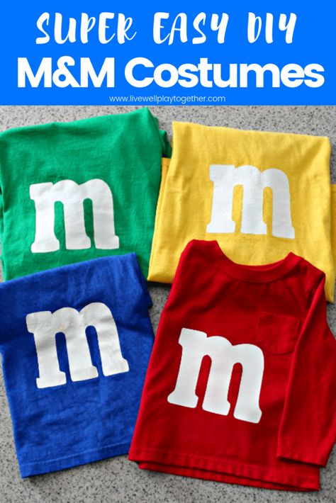 Fun, easy to make DIY M&M costumes. inspired by the classic M&M candies. FUN idea for last minute costumes and great for family costumes or group costumes! from livewellplaytogether.com #halloween #diycostumes #groupcostumeideas #costumesideasforkids M&m Costume Diy, M&m Halloween Costume, M&m Costume, Last Minute Kostüm, Food Halloween Costumes, Original Halloween Costumes, Meme Costume, Candy Costumes, Diy Costumes Women