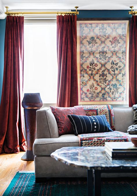 Anthony Gianacakos: Manhattan Interior Design | Domino Burgundy Decor, Red Velvet Curtains, Burgundy Living Room, Living Room Decor Brown Couch, Blue Living Room Decor, Gold Living Room, Living Room Red, Red Home Decor, Trendy Living Rooms