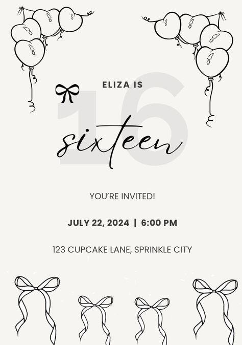 Black And White Invitations Birthday, Black And White 16th Birthday, Black And White Coquette, Coquette Invitation, Coquette Party, White Coquette, Golden Birthday, 17th Birthday, Birthday Dinner