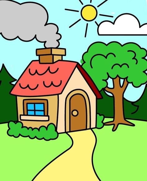 Nature Drawing For Kids, Drawing Pictures For Kids, House Drawing For Kids, Boy Coloring, Story Drawing, Baby Art Projects, Diy Crafts Bookmarks, Kids Art Class, Easy Drawings For Kids