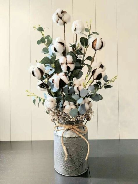 Cotton Arrangements, Faux Flowers Decor, Eucalyptus Arrangement, Farmhouse Flowers, Outside Fall Decor, Second Anniversary Gift, Fall Wedding Diy, Christmas Vases, Faux Eucalyptus