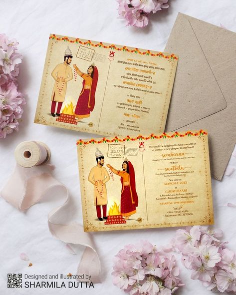 Bengali couple wedding illustration and invitation card Bengali Digital Wedding Card, Bengali Marriage Invitation Card, Biyer Card Bengali, Bengali Wedding Invitation Cards, Bengali Wedding Illustration, Bengali Wedding Card, Kulo Painting, Couple Wedding Illustration, Wedding Card Writing