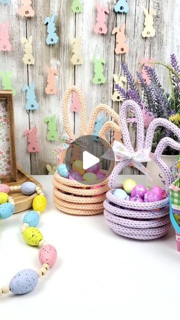 Easter Knits, Macrame Easter Decoration, Diy French Knitting, Knit Easter Eggs, Crochet Easter, Knitted Spring Wreath, Easter Bunny Basket Crochet, Easter Bunny Template, Crepe Paper Flowers Diy