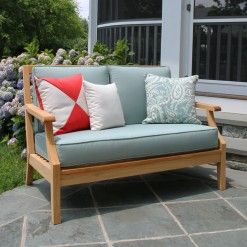 Seneca loveseat in Lagoon. Wood Patio Furniture, Patio Loveseat, Teak Outdoor Furniture, Teak Sofa, Outdoor Sofas, Country Casual, Outdoor Loveseat, Outdoor Sofa Sets, Wood Patio