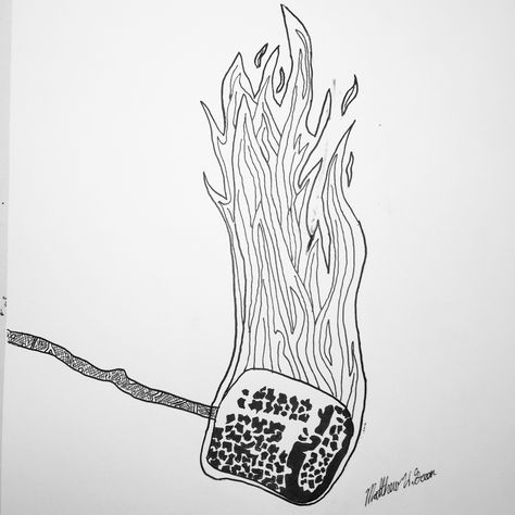 Fire Ink Drawing, Fire Pit Tattoo, S’mores Tattoo, Smores Drawing, Bonfire Tattoo Design, Fire Line Art, Roasting Marshmallows Drawing, Bonfire Drawing, Bonfire Sketch