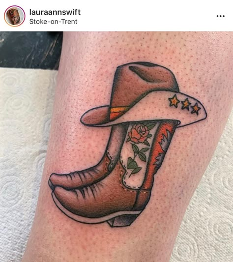 Boots Tattoo Ideas, Cowboy Boots Tattoo, Boots Tattoo, Cowboy Boot Tattoo, Grandpa Tattoo, Cowboy Hat Tattoo, Couple Tattoos Unique Meaningful, Cupid Tattoo, Horse Shoe Tattoo