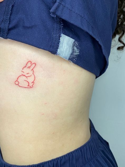 Red Rabbit Tattoo, Red Bunny Tattoo, Red Fine Line Tattoo, Bunny Tattoo, Bunny Tattoos, Bone Tattoos, Rabbit Tattoos, Red Tattoos, 3d Tattoos