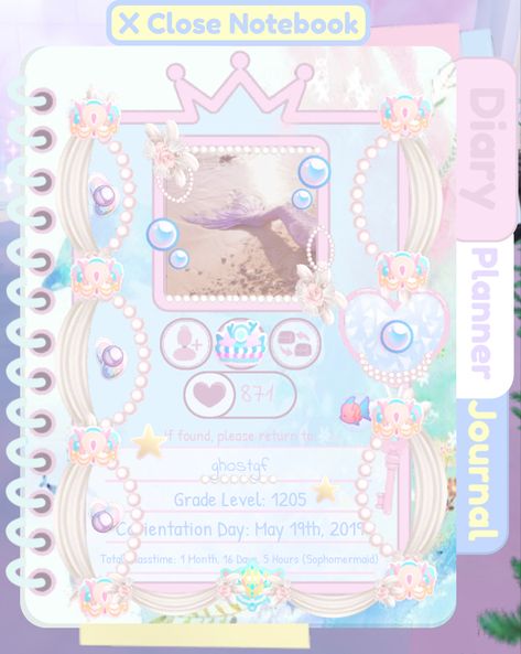 Royale High Summer Journal, Journal Inspo Royale High, Cute Royale High Journal Ideas, Mermaid Dorm Royale High, Rh Notebook Ideas, Mermaid Decals Royale High, Journal Decals Royale High, Royal High Notebook Ideas, Royal High Codes For Journal