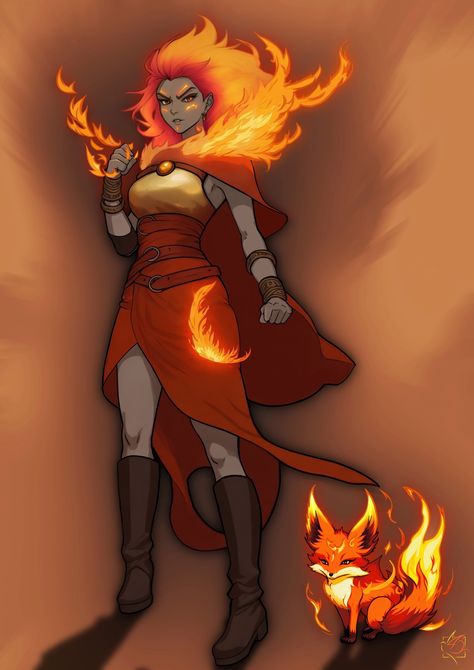 Lit the fire genasi circle of wildfire and her fire fox wildfire spirit., on ArtStation at https://www.artstation.com/artwork/RyzO4v Fire Witch Drawing, Dnd Wildfire Druid, Fire Elemental Character Design, Fire Genasi Female Dnd, Wildfire Spirit, Fire Druid, Fire Character Design, Fire Genasi, Fire Elemental