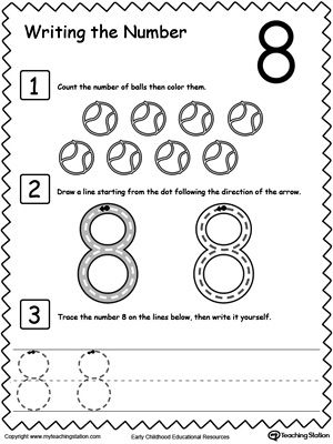 Learn to Count and Write Number 8: Teach your preschooler and kindergarten how to count and write numbers. Practice counting and writting number 8. 8 Worksheets Preschool, Number 8 Tracing Worksheet, Number 8 Worksheet, Count And Write, Preschool Numbers, Preschool Number Worksheets, Writing Printables, Numbers Worksheets, Kindergarten Printables