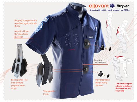 ALLAYANT – A shirt with built-in back support for paramedics | Core77 2012 Design Awards Soft Goods Student Runner Up | By Leonardo Ochoa / Art Center College of Design Rcmp Uniform, Ems Uniform, Paramedic Gear Tools, Emt Uniform, Paramedic Uniform, Emergency Room Shirt Design, Paramedic Quotes, Emt Paramedic, Emergency Medical Services