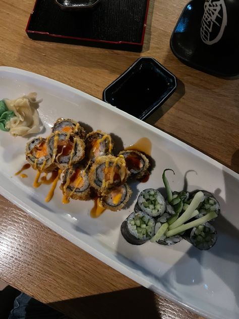 Sushi | dinner | date | maki | tempura | mini tempura | kappa maki | sake tempura Kappa Maki, Sushi Dinner, Date Dinner, Dinner Date, Tempura, Sake, Pins