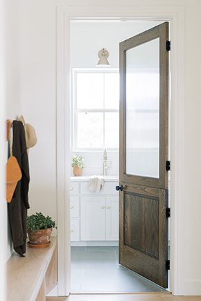 Ribbed Glass Door, Modern Traditional Coastal, Exterior Pocket Doors, Dutch Door Interior, Interior Dutch Door, Bathroom Door Ideas, Summer Kitchens, Interior Front Door, Laundry Room Update