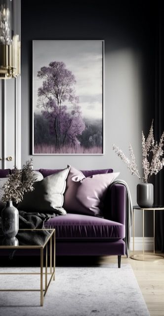 Grey And Lavender Living Room, Grey And Purple Living Room, Plum Living Room, Lilac Living Room, Lavender Living Room, Purple Living Room Ideas, Purple Interior Design, Purple Bedroom Decor, Purple Living Room