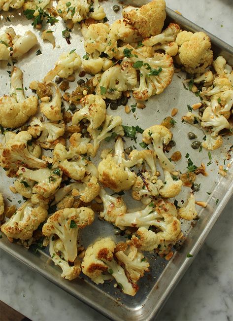 Spicy Sicilian Cauliflower - LideyLikes Sicilian Cauliflower Recipe, Roasted Cauliflower With Capers, Sicilian Cauliflower, Grilled Italian Sausage, Honey Roasted Carrots, Turkey Time, Asparagus Soup, Weekday Meals, Sprout Recipes