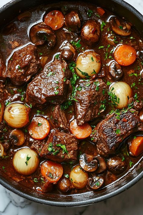 French Beef Bourguignon French Beef Bourguignon, Beef Bourguignon Recipe, Beef Stew Meat, Goulash, Beef Recipes For Dinner, Beef Dinner, Beef Dishes, Beef Stew, Hearty Meals