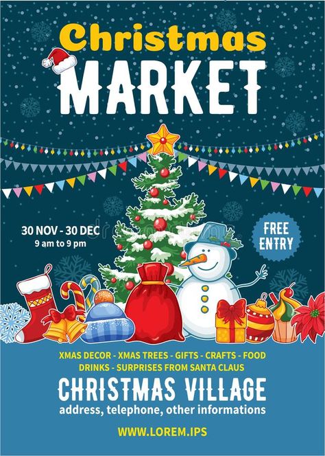 Christmas Market Poster Template. Xmas fair event advertising banner with decorated Christmas tree, snowman, different elements of winter celebration and space #AD , #Advertisement, #ad, #Xmas, #fair, #Christmas, #Template Ipad Wallpaper Watercolor, Animal Masks For Kids, Christmas Tree Poster, Winter Celebration, Advertising Banner, Christmas Tree Snowman, Poster Template Free, Event Advertising, Poster Design Layout