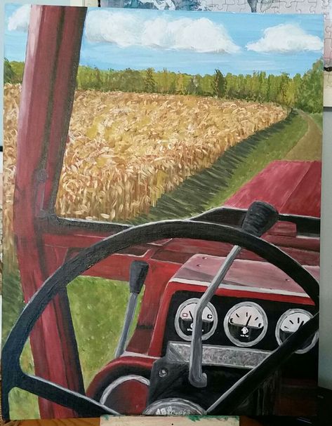 Perspective farm tractor original acrylic painting by Tracy Lovell Farm Artwork, Drawing Farm, Farm Canvas Painting, Agriculture Painting Ideas, Easy Farm Paintings For Beginners, Painting Ideas Country, Farm Acrylic Painting, Farming Painting, Agriculture Art Gcse