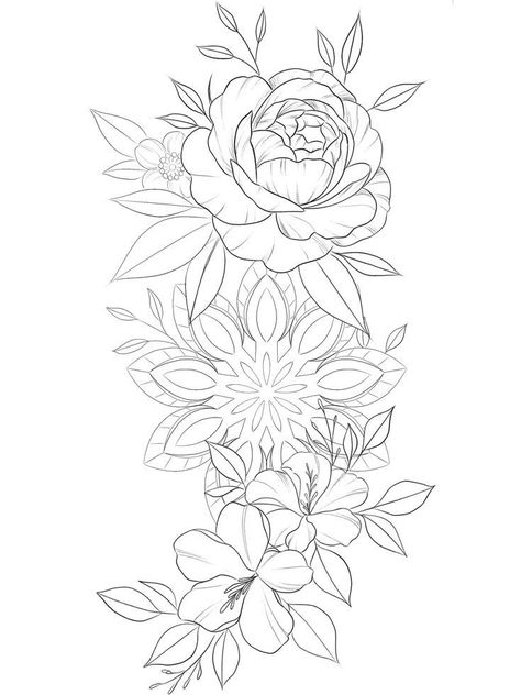 Arm Tattoo Template Sleeve, Delicate Mandala Tattoo Design, Mandala And Flower Tattoo Design, Flower Tattoo Designs Sketches, Mandala Tattoo Outline, Half Sleeve Floral Tattoo, Flower And Mandala Tattoo, Mandala Flower Tattoo Design, Floral Mandala Tattoo Design