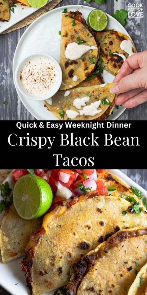 Looking for a healthy fall dinner idea? These crispy black bean tacos are the ultimate comfort food! These tacos are quick, easy to make and budget-friendly making them perfect for busy weeknight meals. Packed with protein-rich black beans, melty cheese, fresh toppings makes this dish a nutritious, delicious meal. Ready in just 30 minutes, you’ll have a filling and flavorful taco feast the whole family will love! #highproteindinner #plantbasedtacos #fallcomfortfood Black Bean Taco Recipe, Black Bean Taco Filling, Crispy Black Bean Tacos, Healthy Black Bean Tacos, Vegan Black Bean Tacos Recipes, Crunchy Black Bean Tacos, Healthy Fall Dinner, Black Bean Tacos, High Protein Dinner