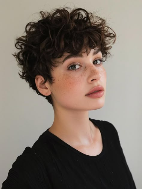 Curly Wavy Short Hairstyles, Very Short Curly Hair With Bangs, Short Curly Masc Haircuts, Really Short Curly Haircuts, Curly Pixie Hairstyles Round Faces, Very Curly Short Hair, Short Permed Hair Pixie, Undercut 2023, Short Short Curly Hair